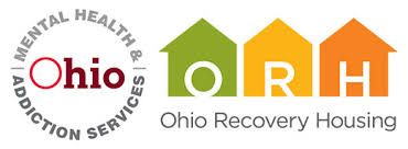 Logo of Ohio Mental Health & Addiction Services with Ohio Recovery Housing next to three colored houses labeled O, R, H.